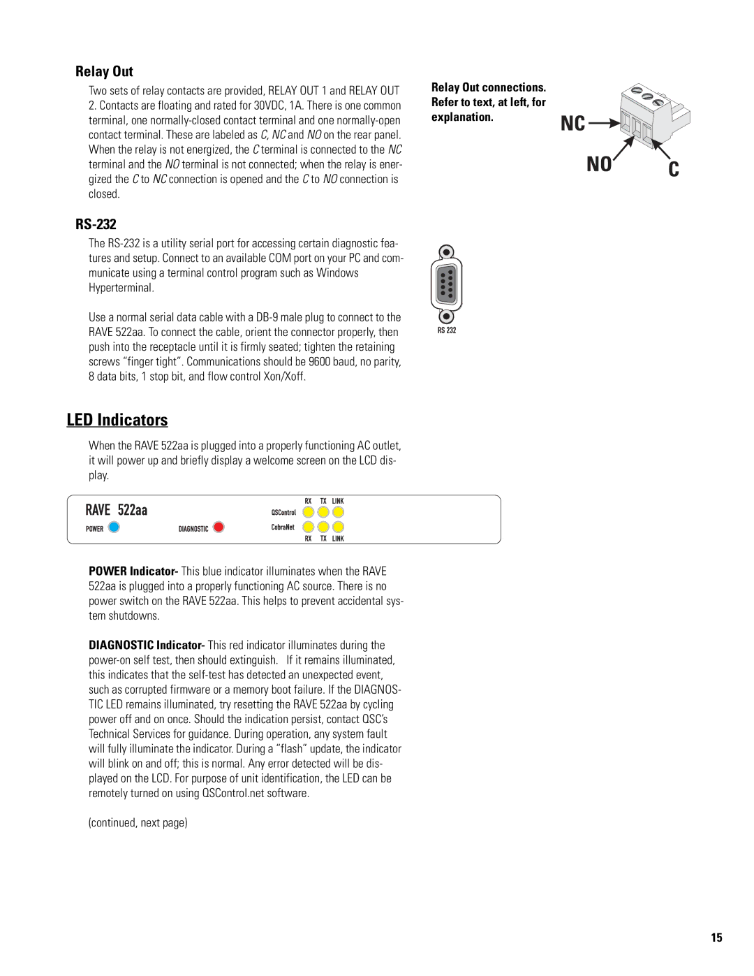 QSC Audio 522AA manual LED Indicators, Relay Out, RS-232 
