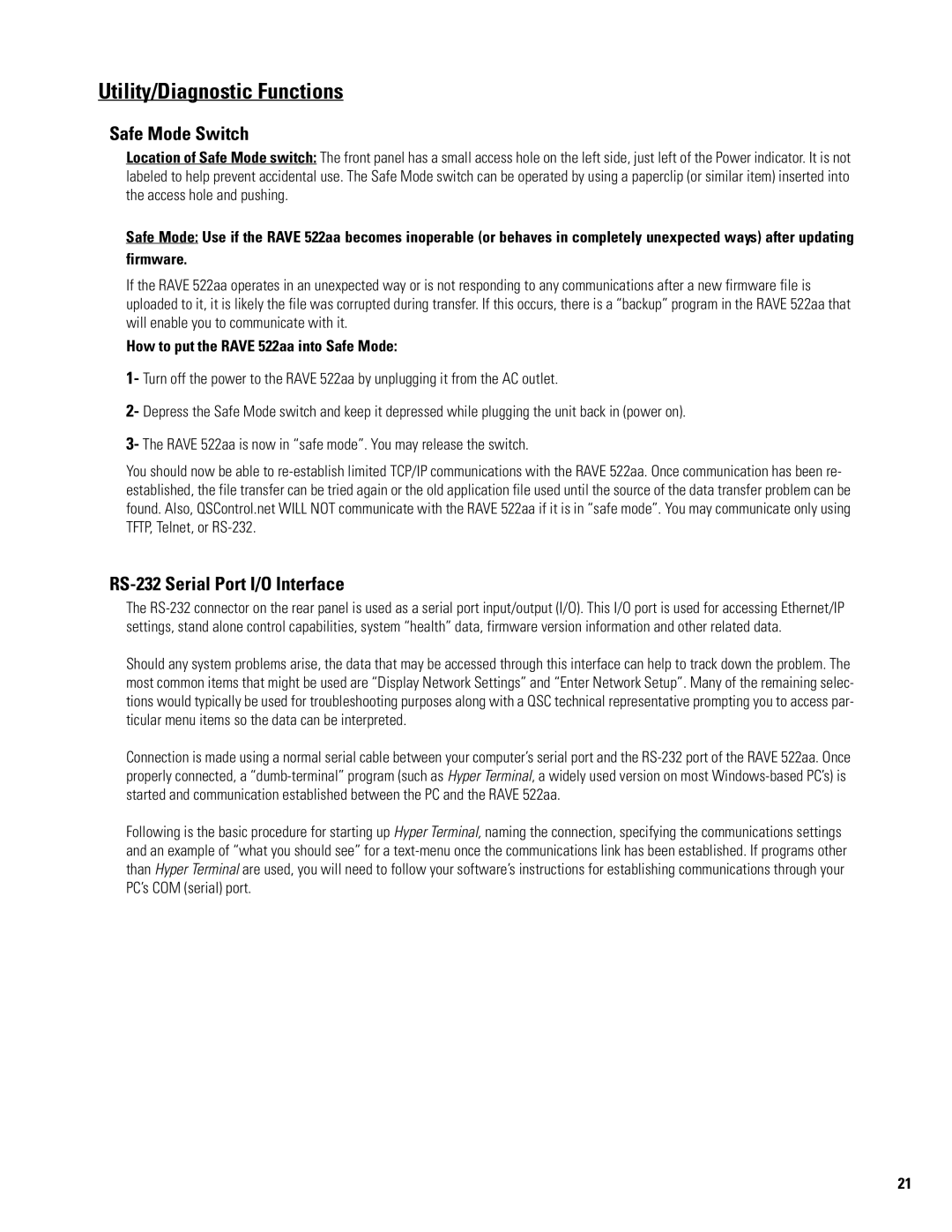 QSC Audio 522AA manual Utility/Diagnostic Functions, Safe Mode Switch, RS-232 Serial Port I/O Interface 