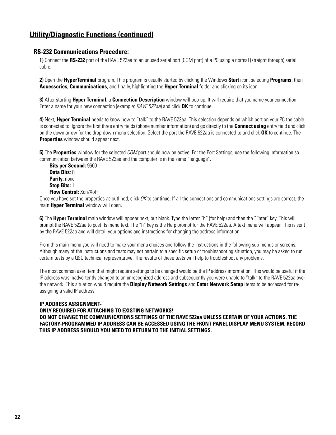 QSC Audio 522AA manual RS-232 Communications Procedure 