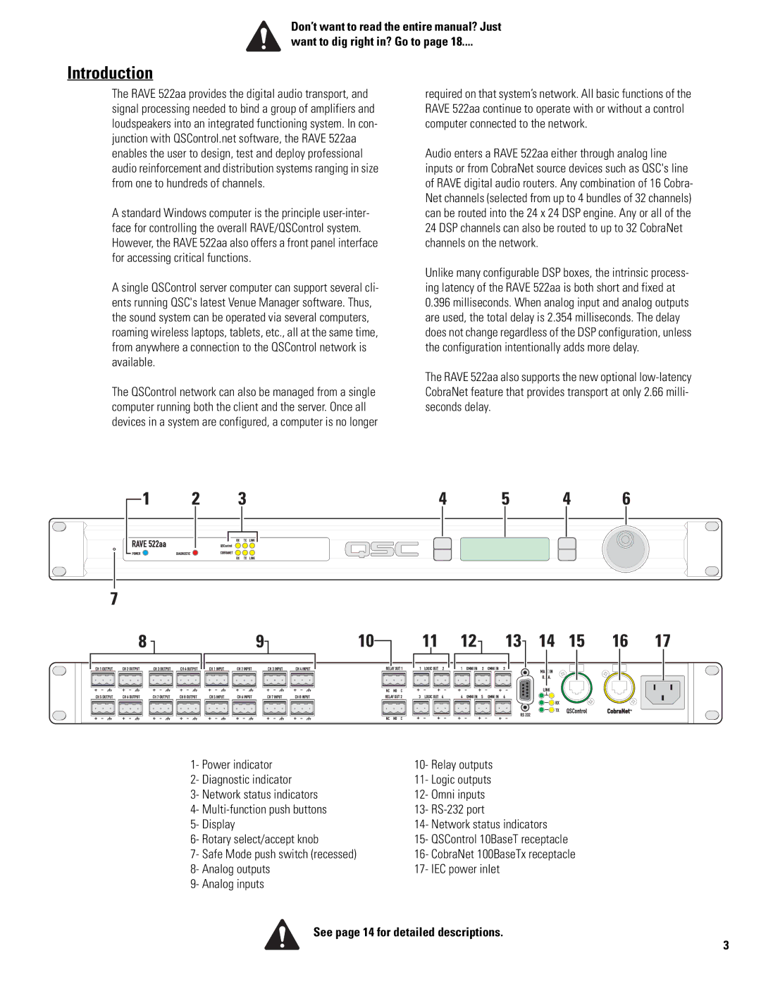 QSC Audio 522AA manual Introduction, See page 14 for detailed descriptions 