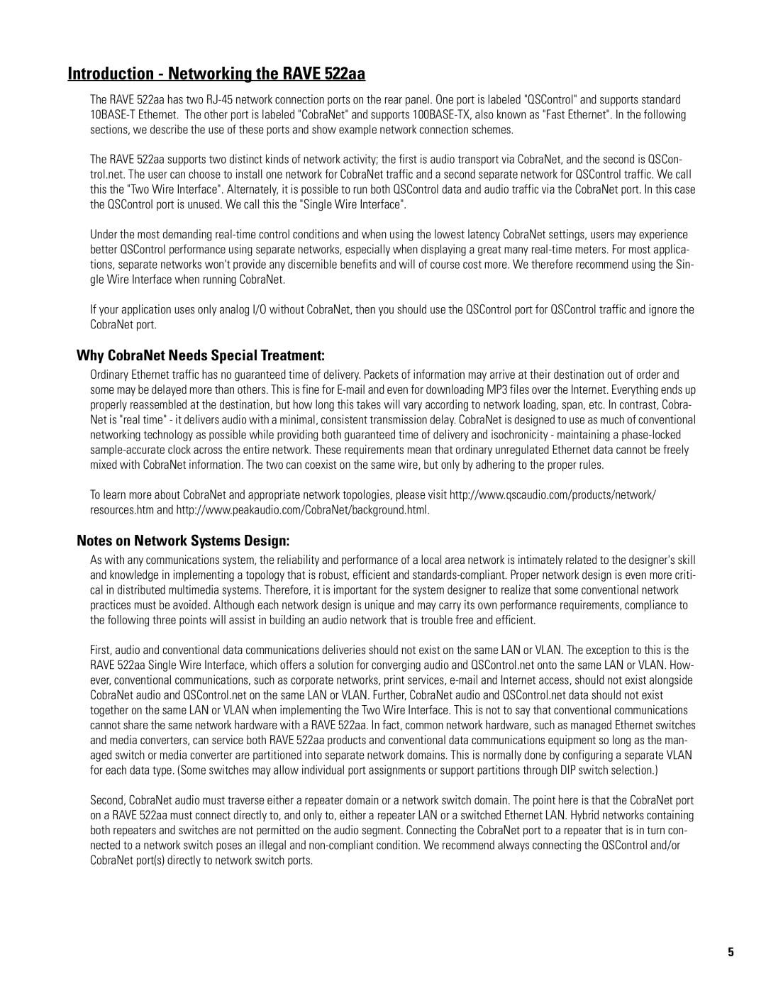 QSC Audio 522AA manual Introduction Networking the Rave 522aa, Why CobraNet Needs Special Treatment 