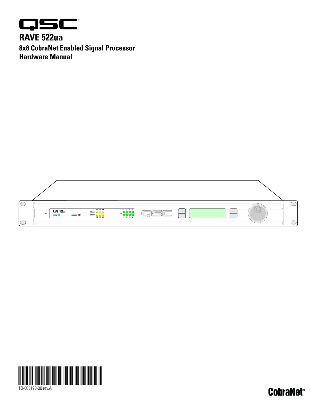 QSC Audio 522ua manual TD-000198-00, 8x8 CobraNet Enabled Signal Processor Hardware Manual 