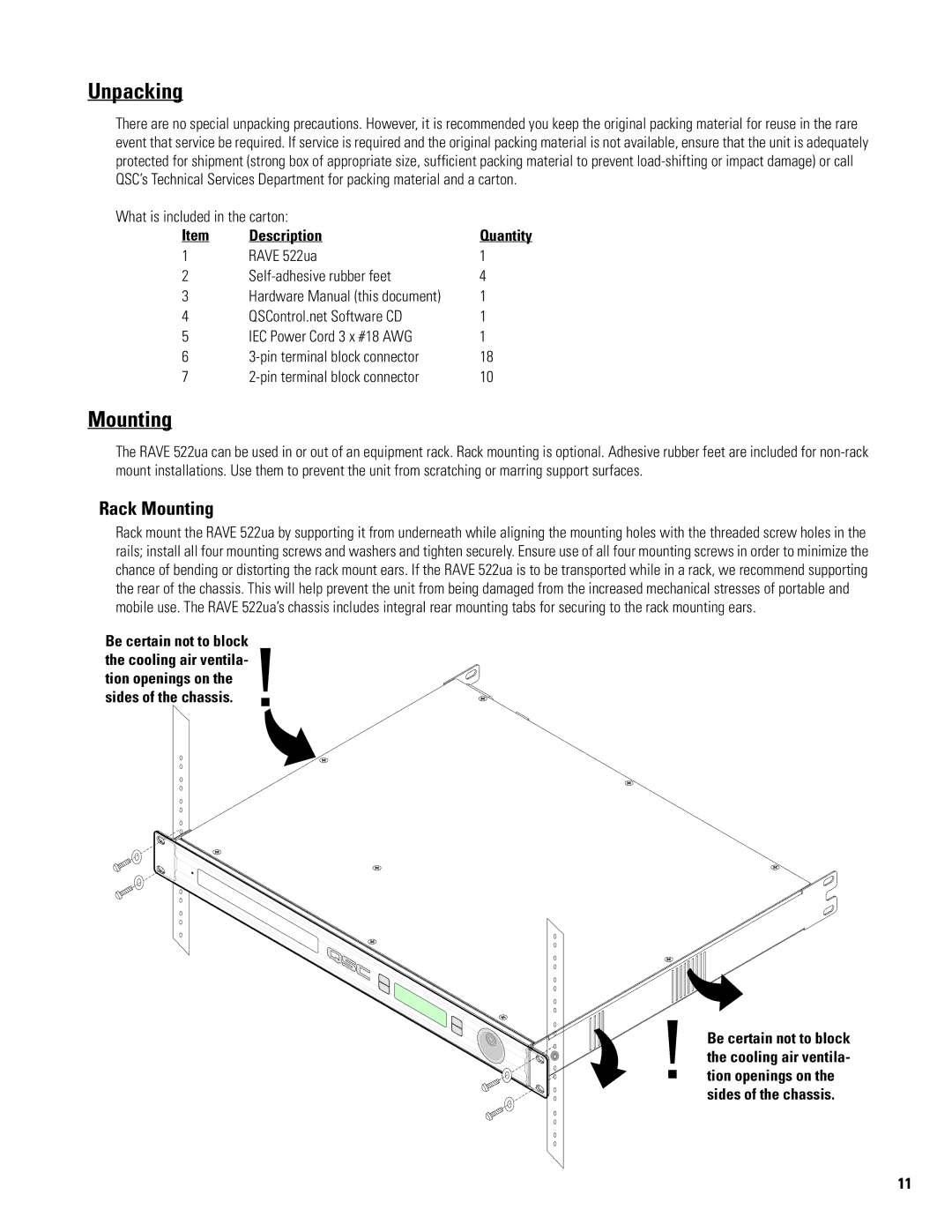 QSC Audio 522ua manual Unpacking, Rack Mounting, Description 