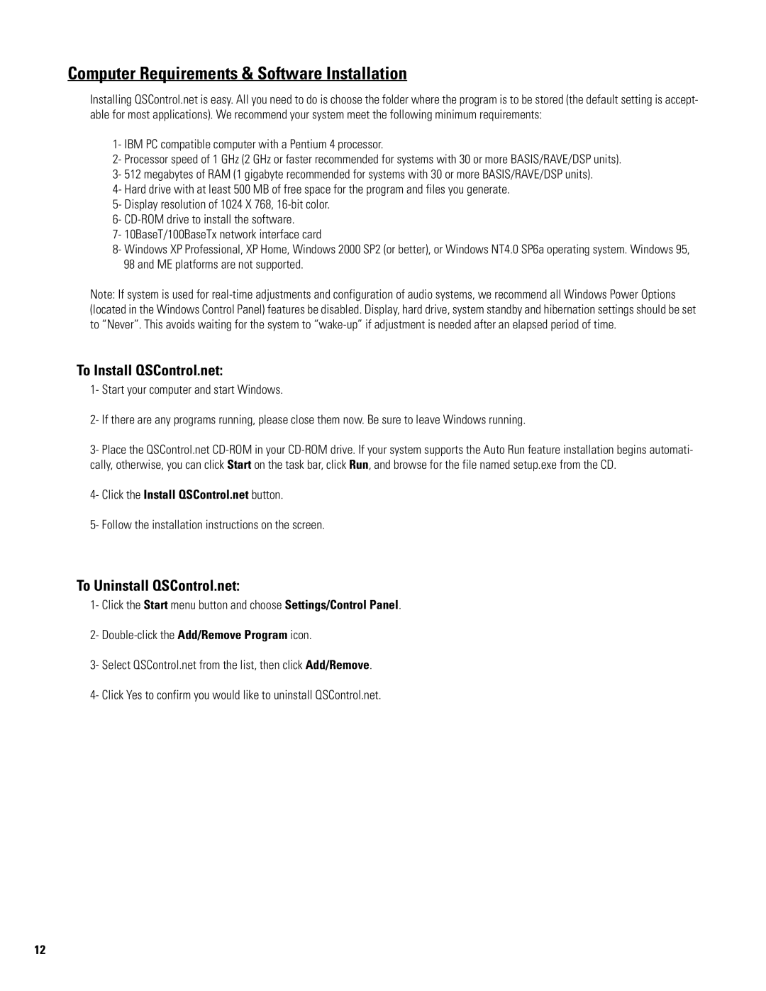 QSC Audio 522ua manual Computer Requirements & Software Installation, To Install QSControl.net, To Uninstall QSControl.net 