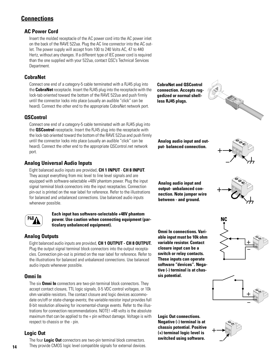 QSC Audio 522ua manual Connections 