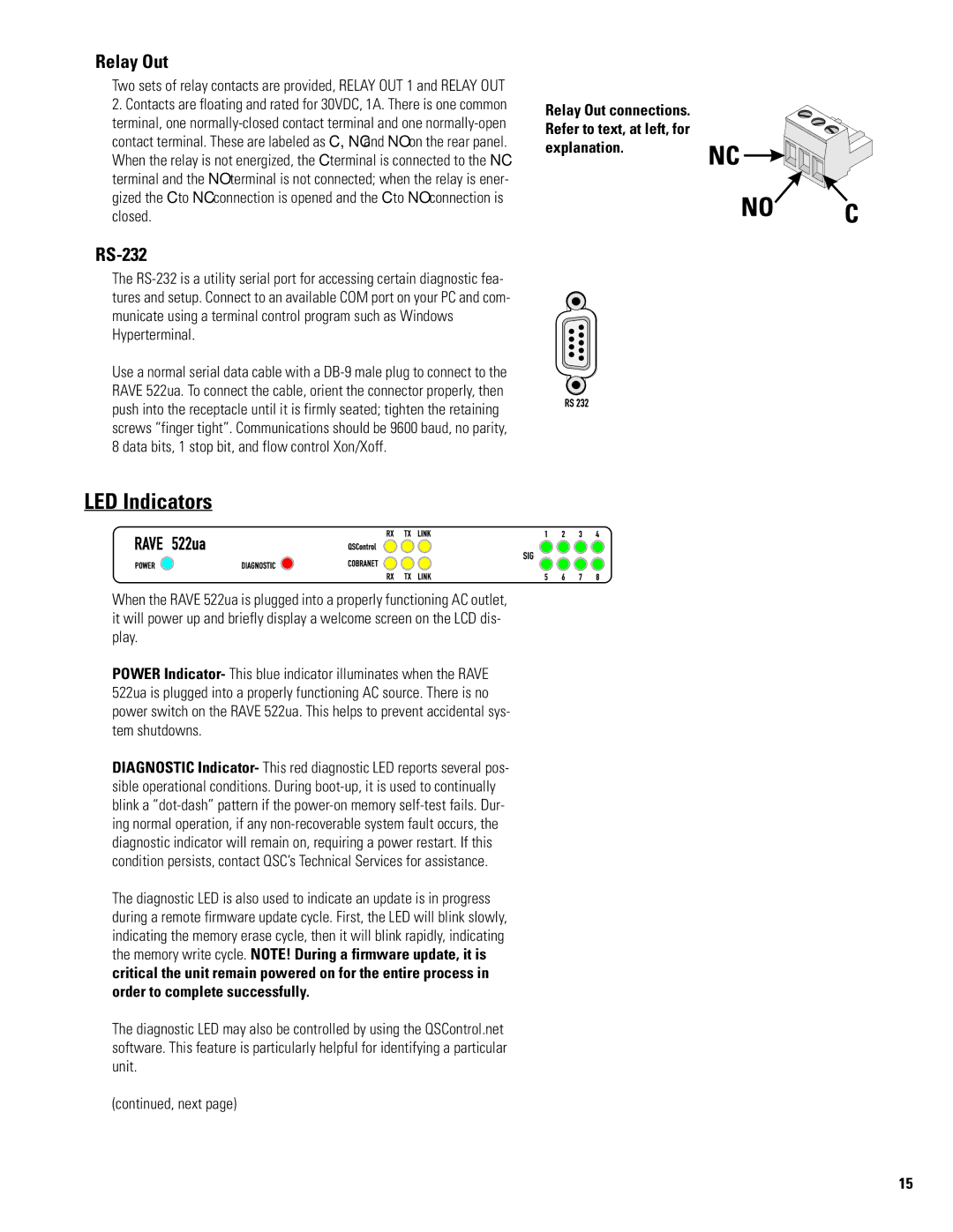 QSC Audio 522ua manual LED Indicators, Relay Out, RS-232 