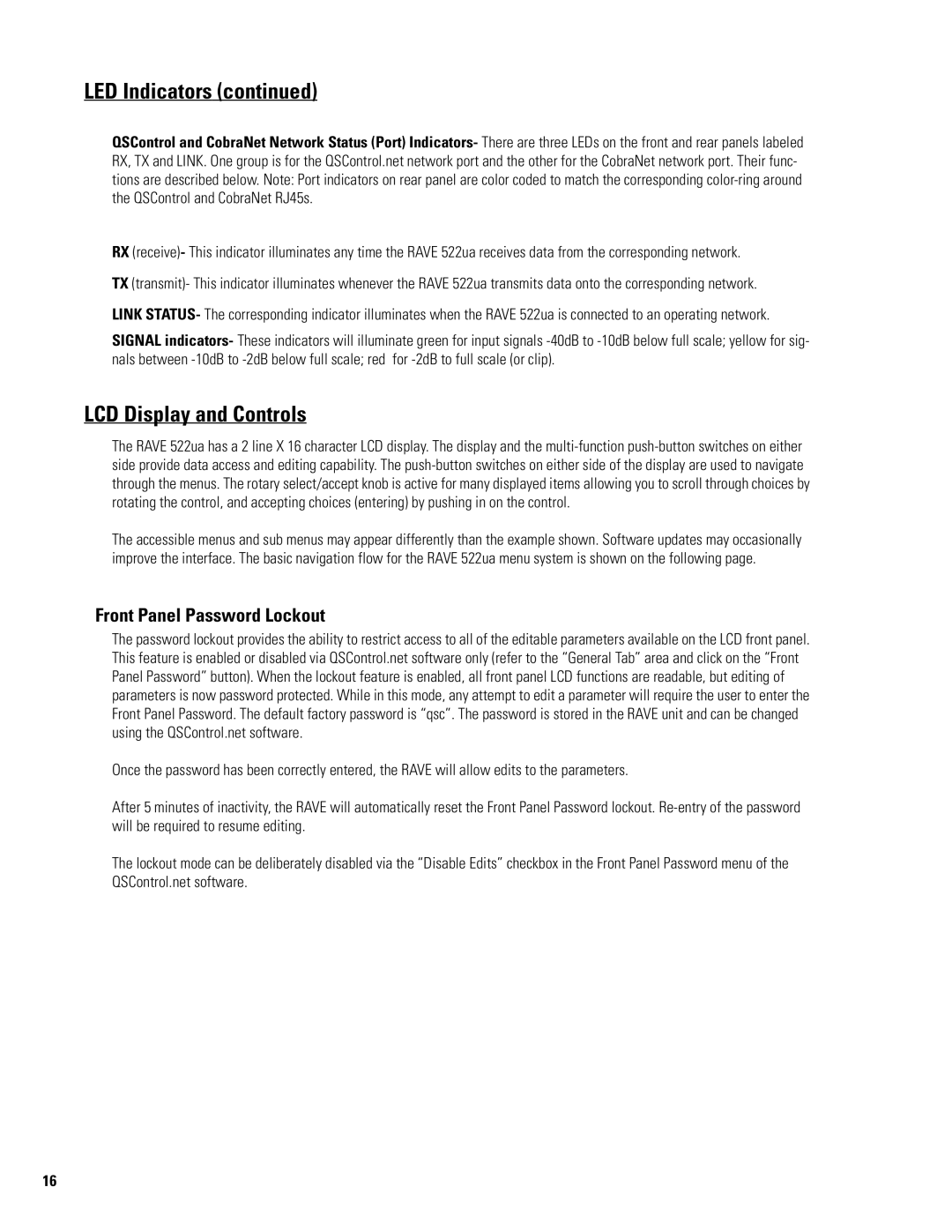 QSC Audio 522ua manual LCD Display and Controls, Front Panel Password Lockout 