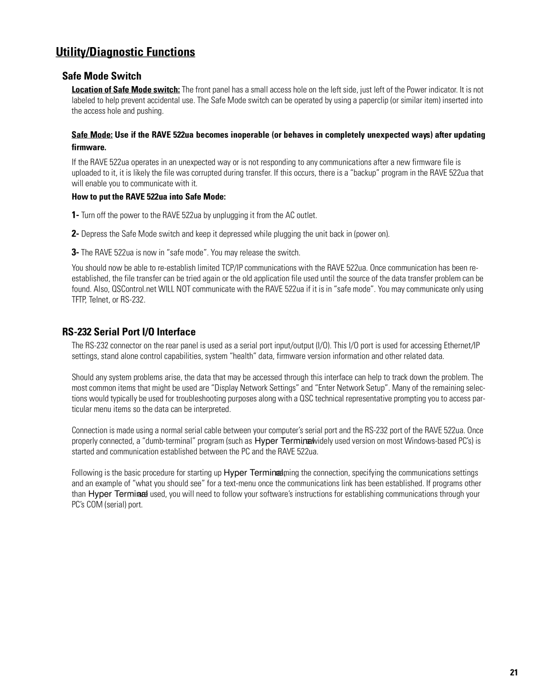 QSC Audio 522ua manual Utility/Diagnostic Functions, Safe Mode Switch, RS-232 Serial Port I/O Interface 