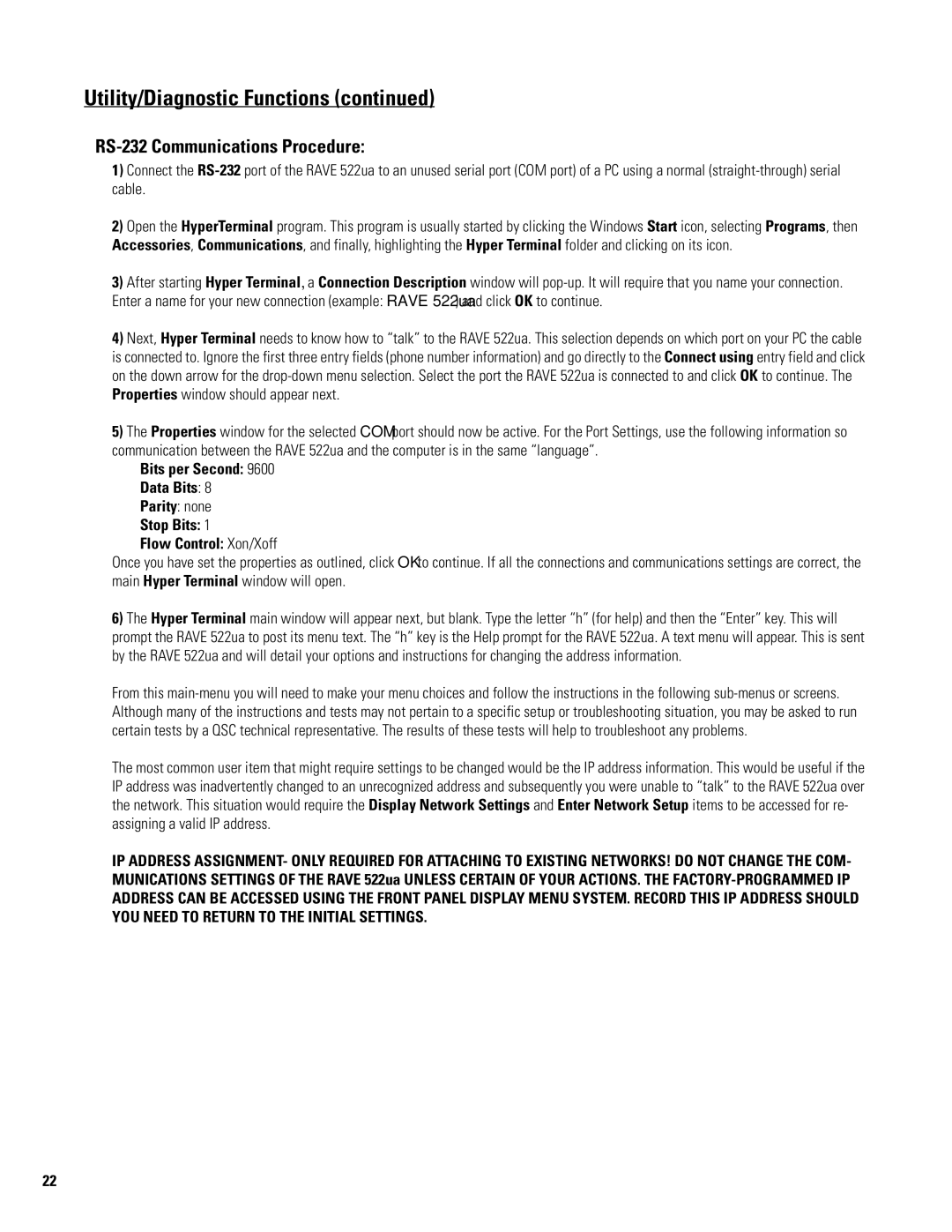 QSC Audio 522ua manual RS-232 Communications Procedure 