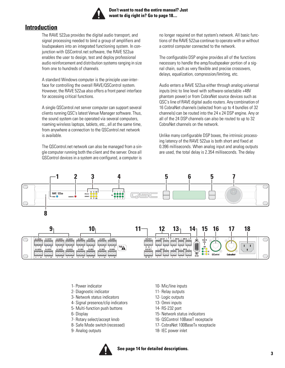 QSC Audio 522ua manual Introduction, See page 14 for detailed descriptions 