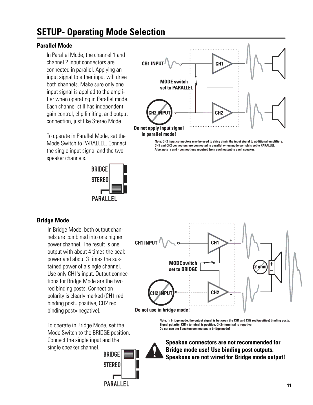 QSC Audio 6.0 II user manual Parallel Mode, Bridge Mode, Connect the single input, Single speaker channel 