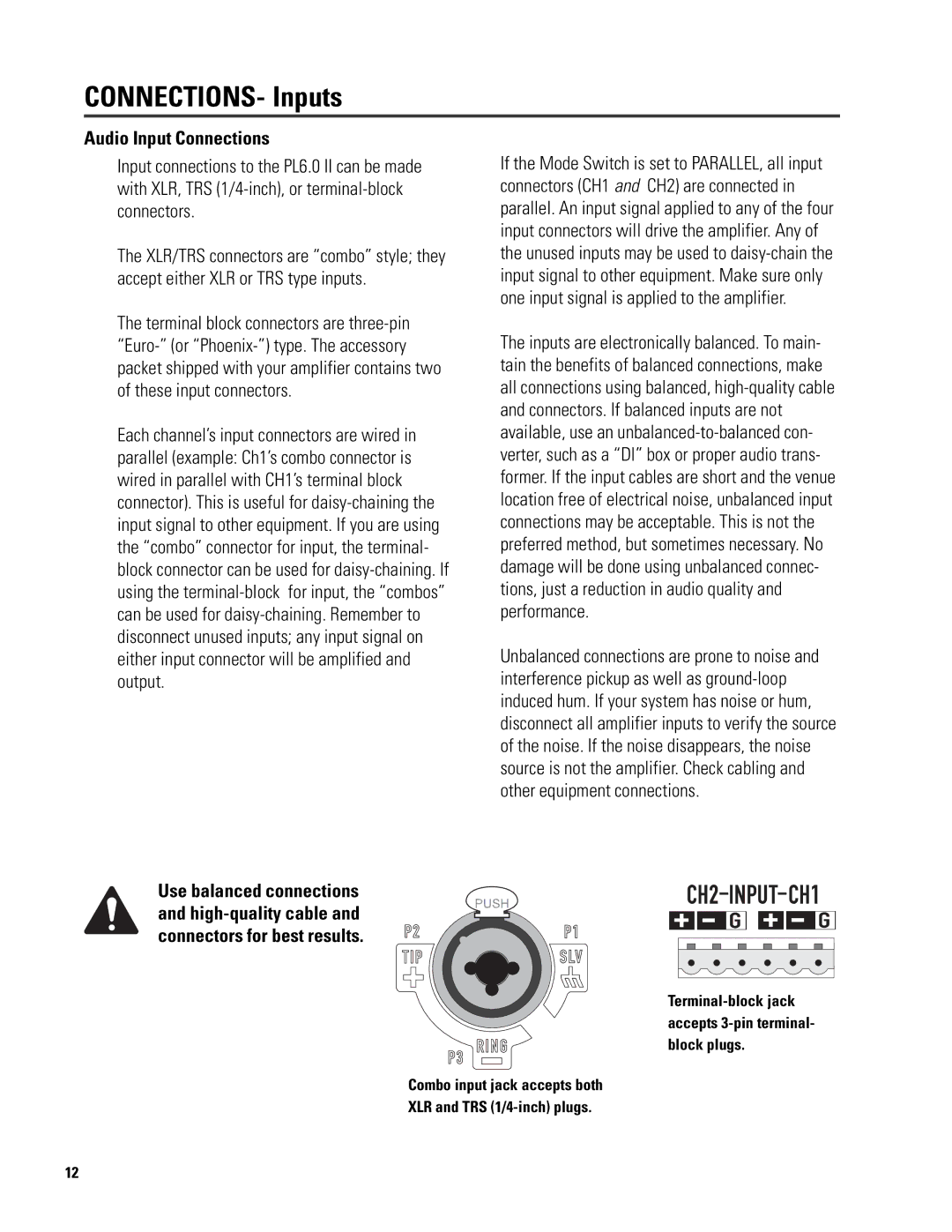 QSC Audio 6.0 II user manual CONNECTIONS- Inputs, Audio Input Connections 