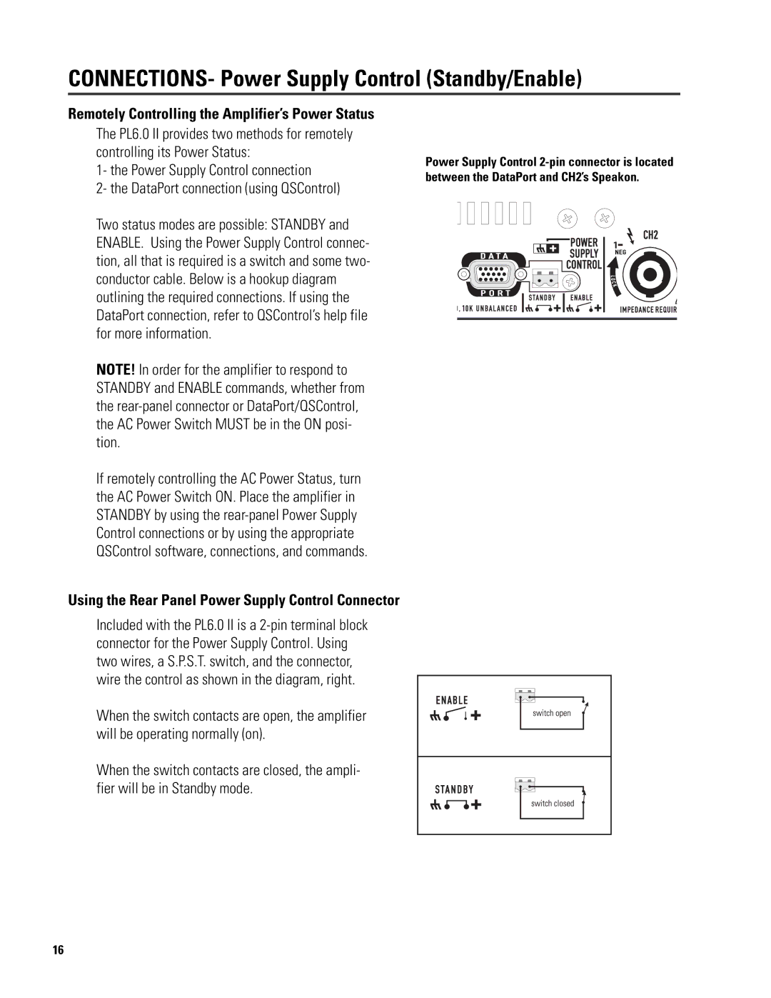 QSC Audio 6.0 II CONNECTIONS- Power Supply Control Standby/Enable, Using the Rear Panel Power Supply Control Connector 