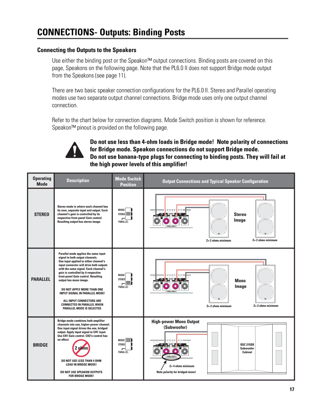 QSC Audio 6.0 II user manual CONNECTIONS- Outputs Binding Posts, Connecting the Outputs to the Speakers 