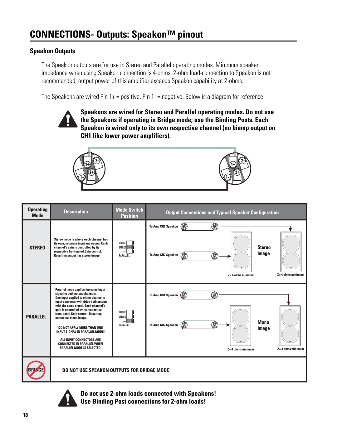 QSC Audio 6.0 II user manual CONNECTIONS- Outputs Speakon pinout, Speakon Outputs 