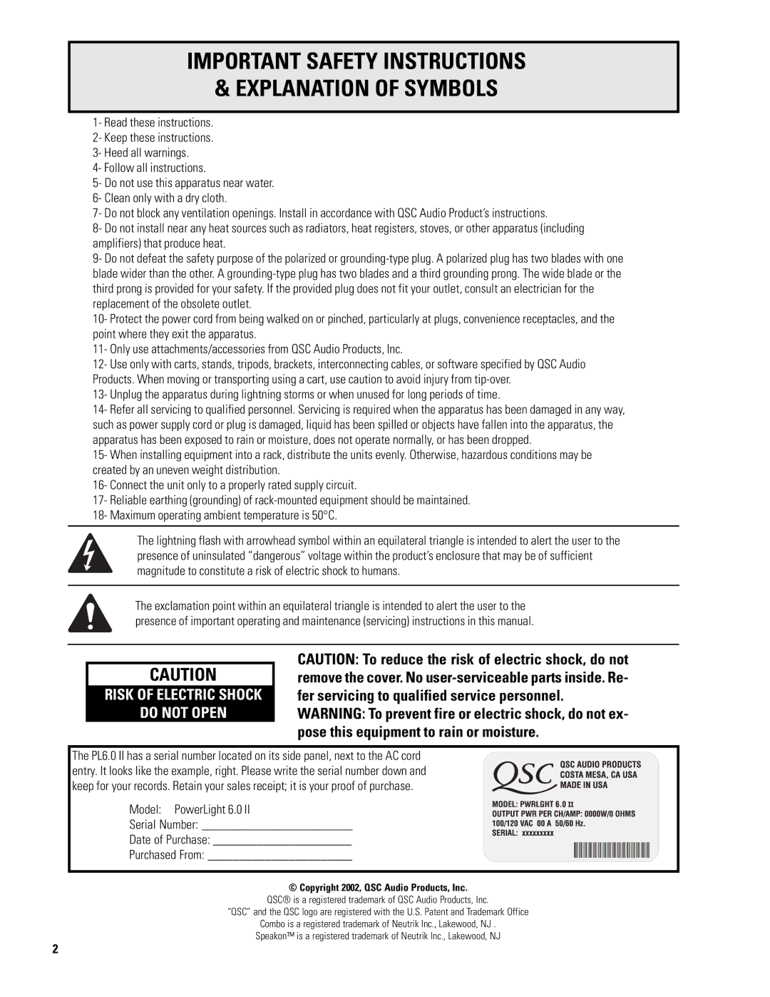 QSC Audio 6.0 II user manual Important Safety Instructions Explanation of Symbols, Do not Open 