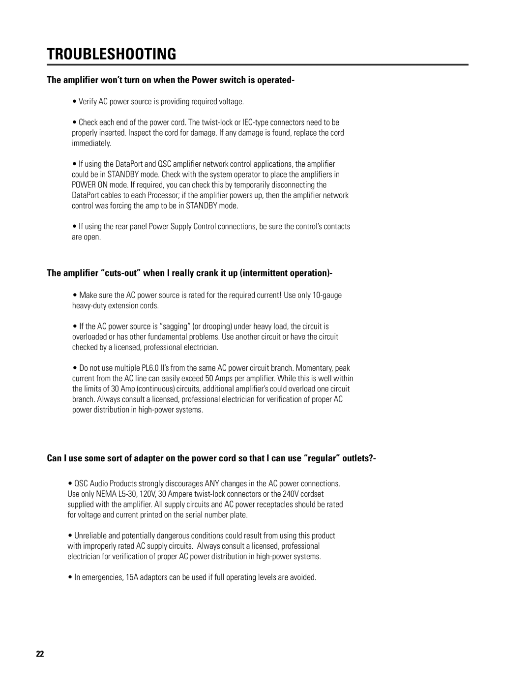 QSC Audio 6.0 II user manual Troubleshooting, Amplifier won’t turn on when the Power switch is operated 