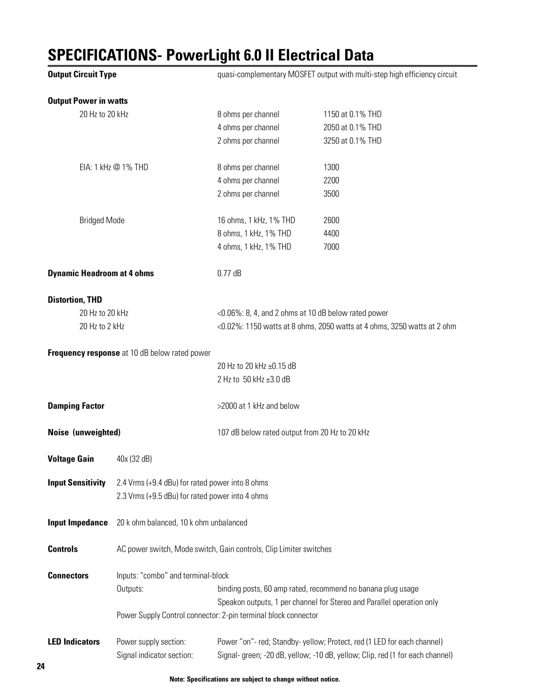 QSC Audio user manual SPECIFICATIONS- PowerLight 6.0 II Electrical Data, Output Power in watts 