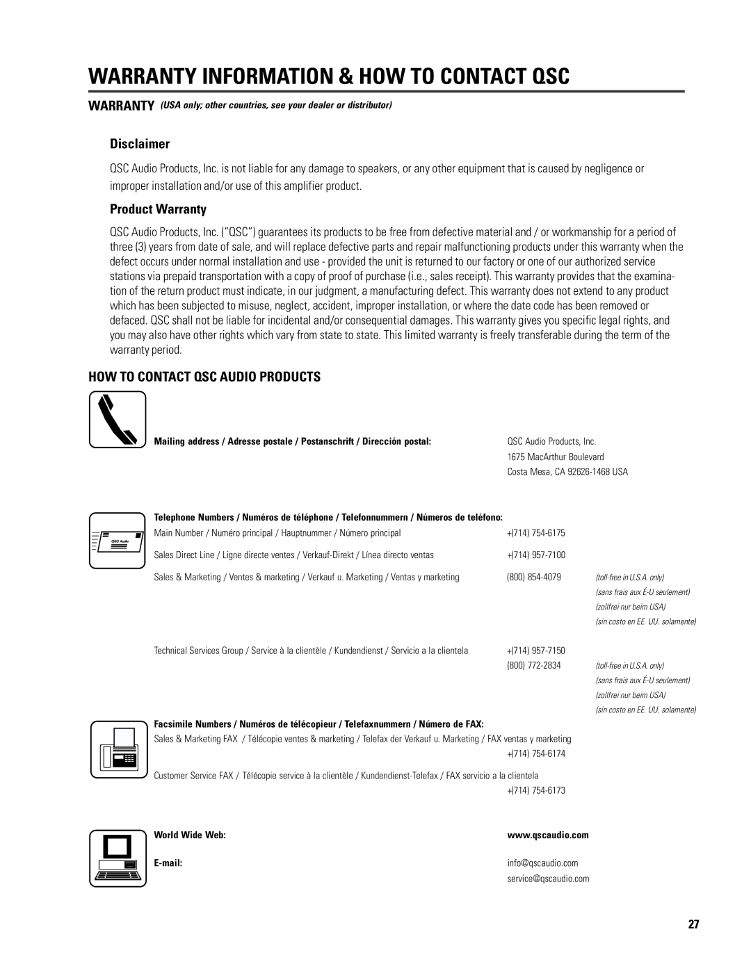 QSC Audio 6.0 II user manual Warranty Information & HOW to Contact QSC, Disclaimer 