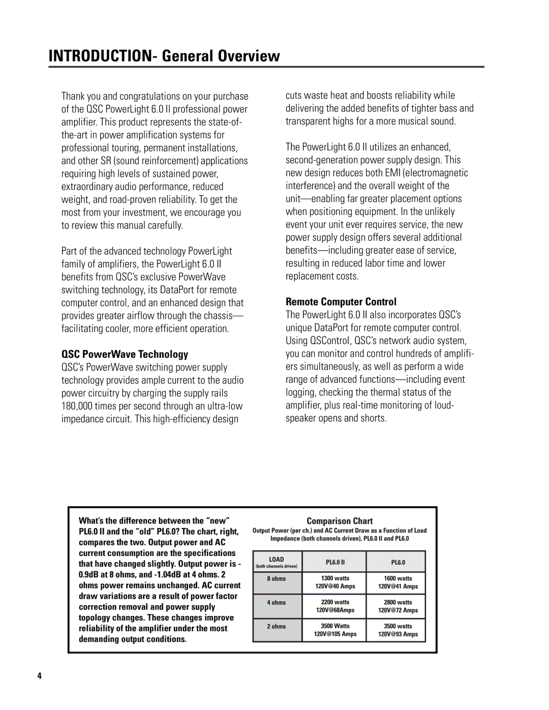 QSC Audio 6.0 II user manual INTRODUCTION- General Overview, QSC PowerWave Technology, Remote Computer Control 