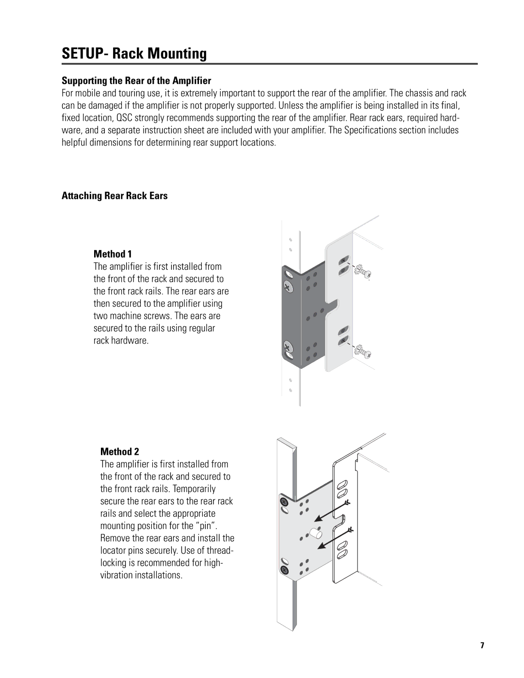 QSC Audio 6.0 II user manual Supporting the Rear of the Amplifier, Attaching Rear Rack Ears Method 