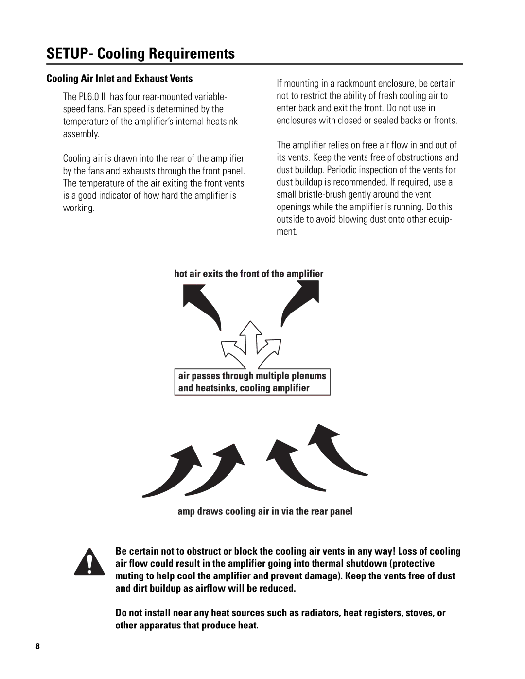 QSC Audio 6.0 II user manual SETUP- Cooling Requirements, Cooling Air Inlet and Exhaust Vents 