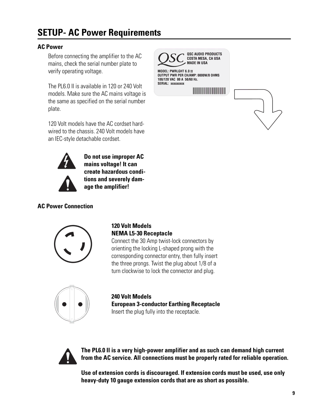 QSC Audio 6.0 II user manual SETUP- AC Power Requirements, AC Power Connection Volt Models Nema L5-30 Receptacle 