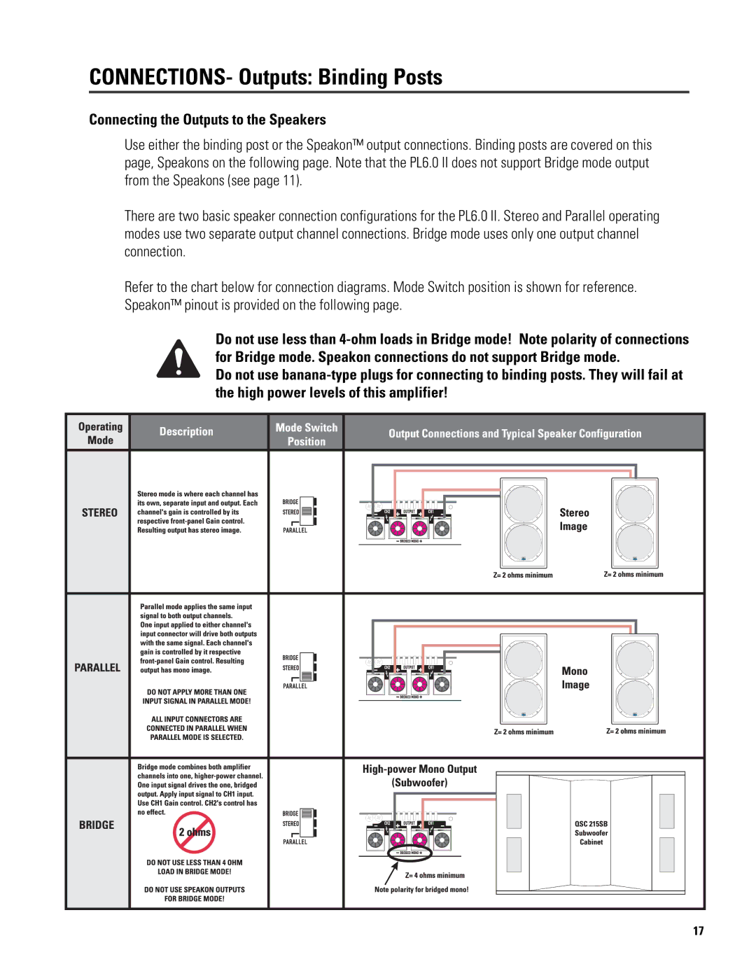 QSC Audio 6.0 II user manual CONNECTIONS- Outputs: Binding Posts, Connecting the Outputs to the Speakers 
