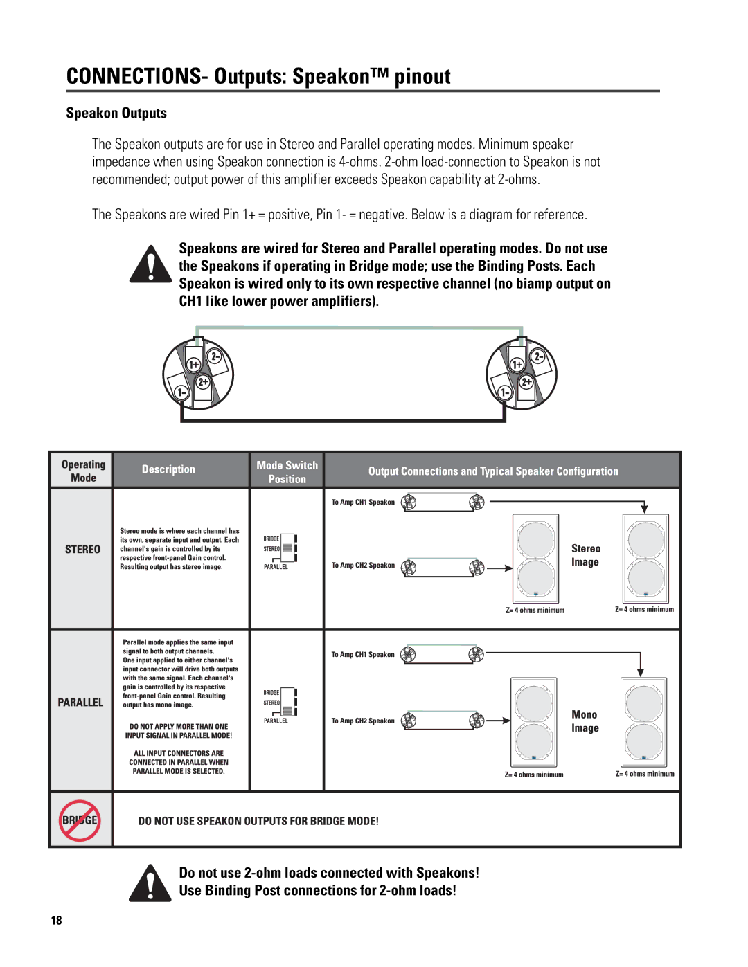 QSC Audio 6.0 II user manual CONNECTIONS- Outputs: Speakon™ pinout, Speakon Outputs 