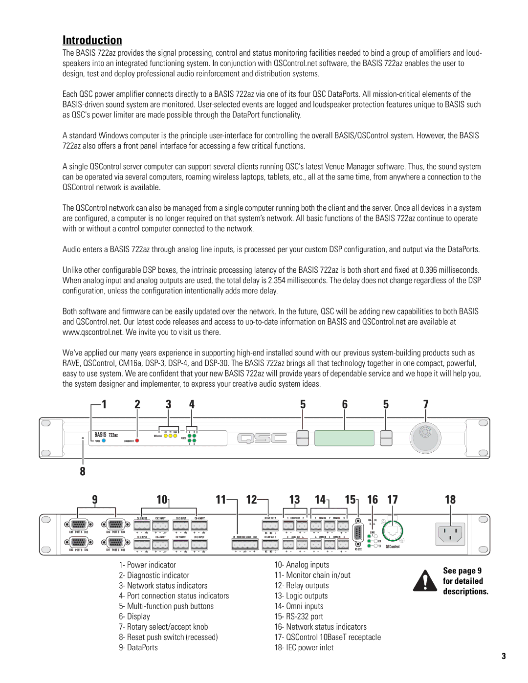 QSC Audio 722az manual Introduction 