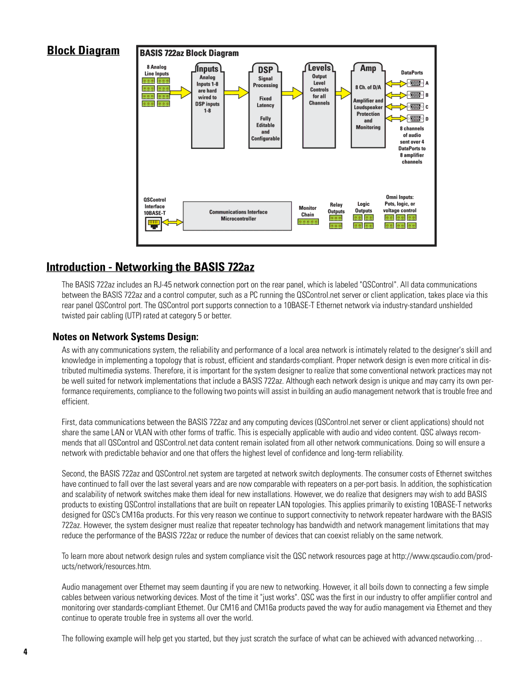 QSC Audio manual Block Diagram Introduction Networking the Basis 722az 