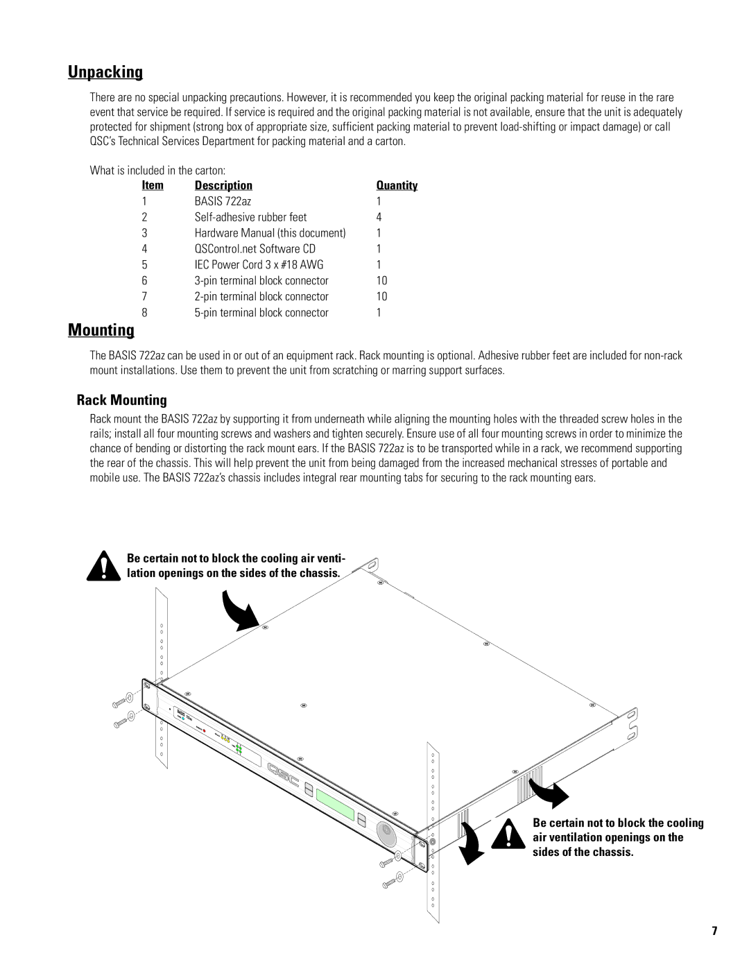 QSC Audio 722az manual Unpacking, Rack Mounting, Description 