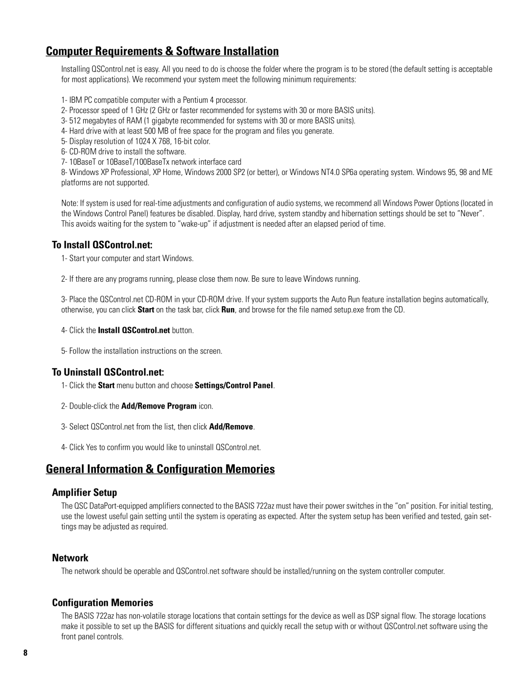 QSC Audio 722az manual Computer Requirements & Software Installation, General Information & Configuration Memories 