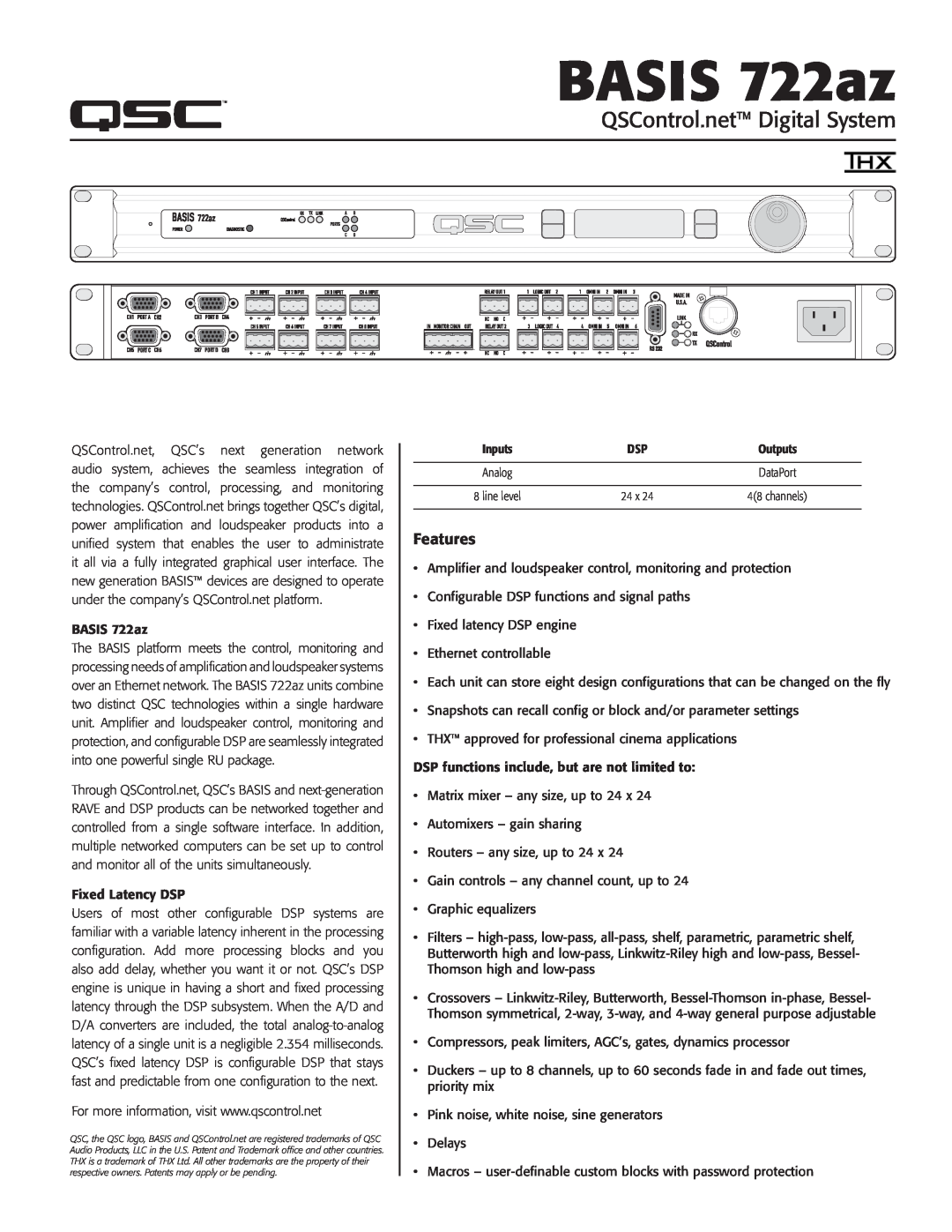 QSC Audio manual Features, BASIS 722az, QSControl.net Digital System 