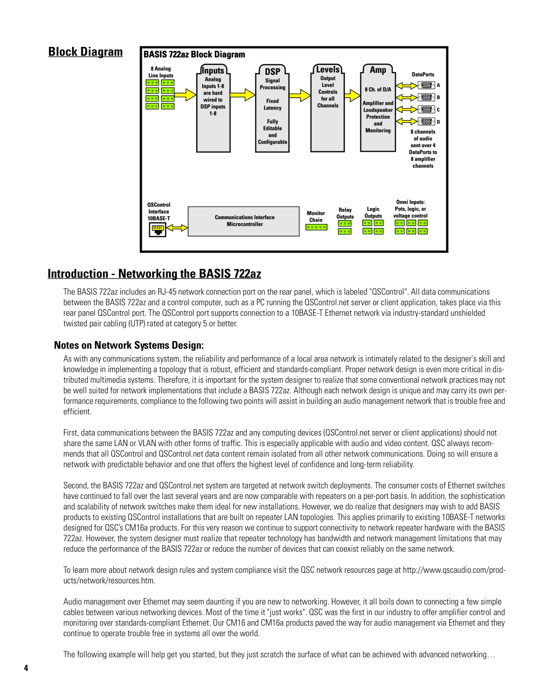 QSC Audio manual Block Diagram, Introduction - Networking the BASIS 722az, Notes on Network Systems Design 
