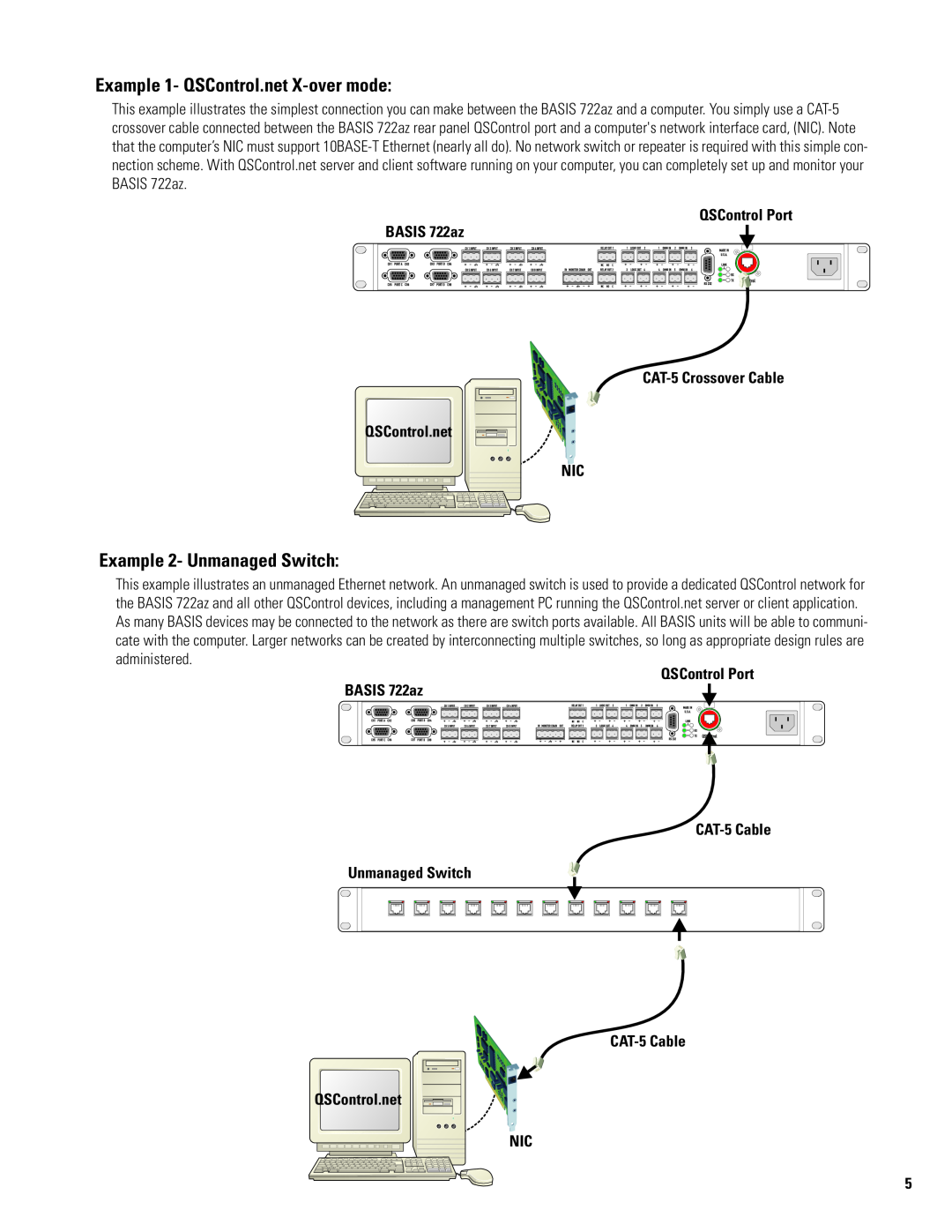 QSC Audio manual Example 1- QSControl.net X-overmode, Example 2- Unmanaged Switch, QSControl Port BASIS 722az 