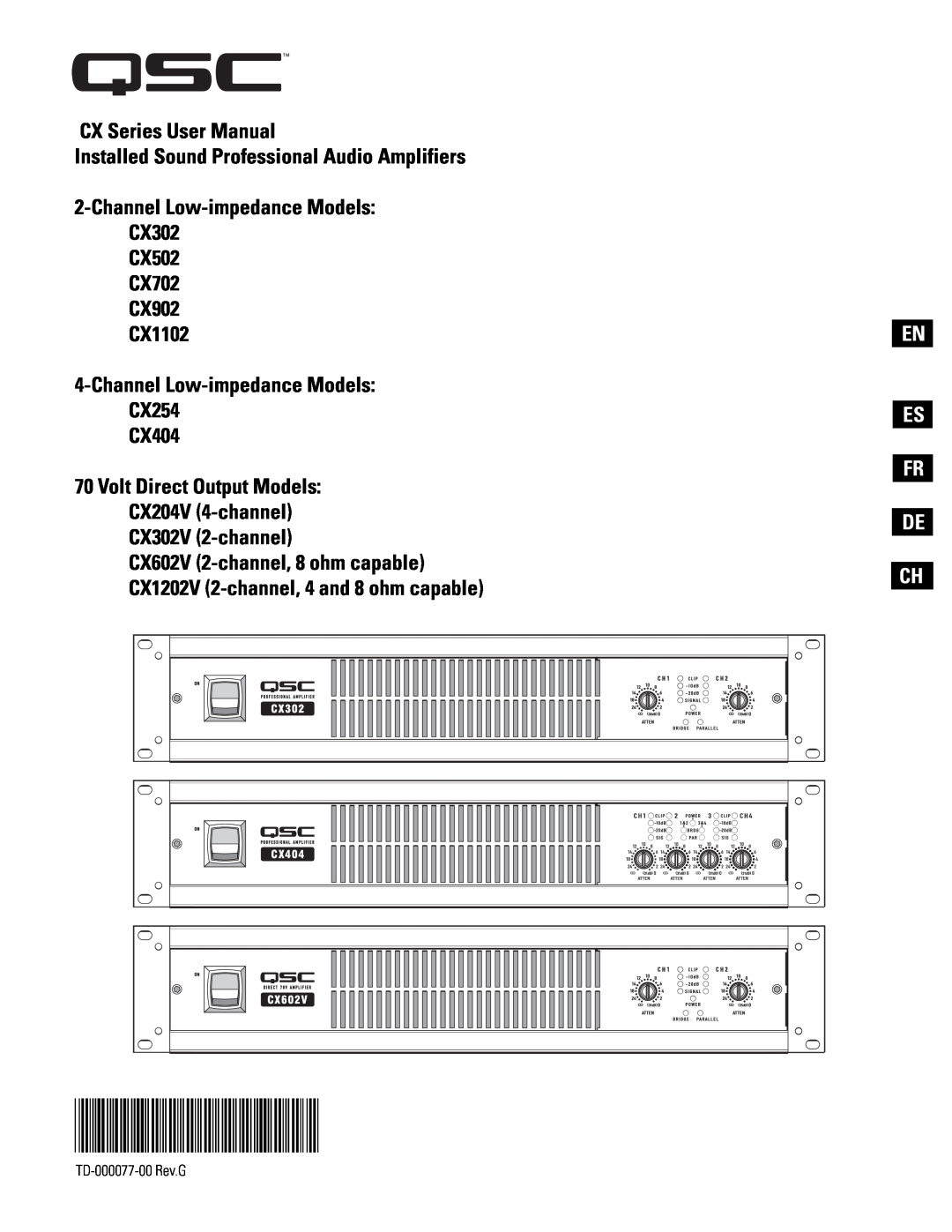 QSC Audio CX302, CX502, CX702, CX902, CX1102, CX254, CX404, CX204V, CX302V, CX602V, CX1202V user manual En Es Fr De Ch 