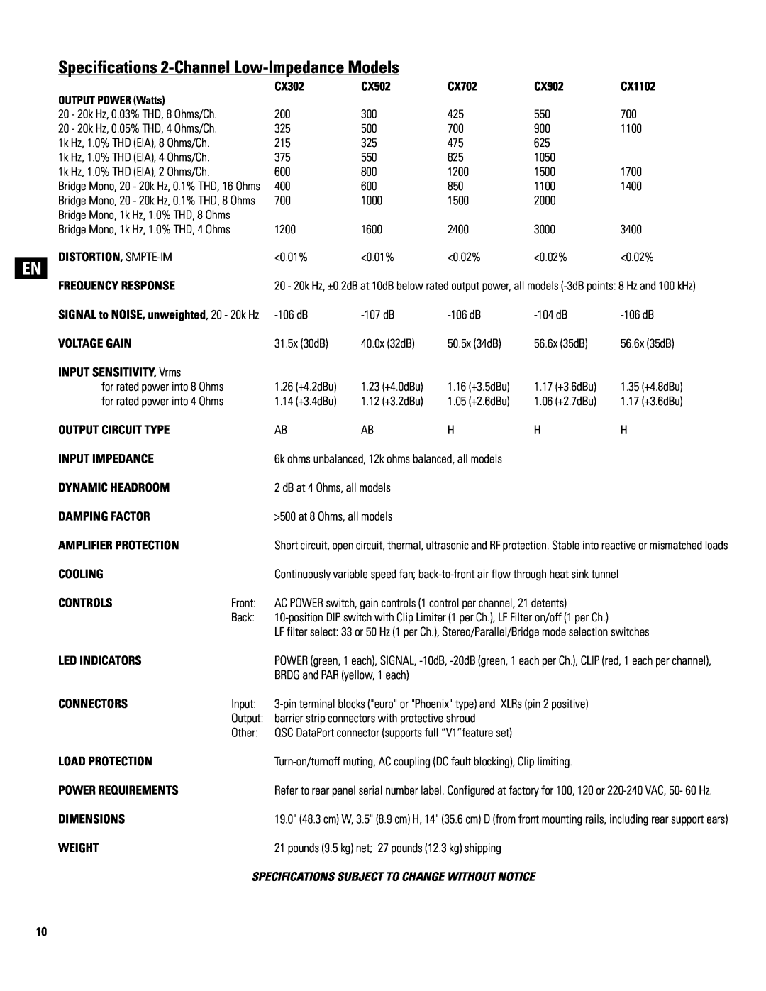 QSC Audio 8 ohm capable) Specifications 2-Channel Low-ImpedanceModels, Specifications Subject To Change Without Notice 