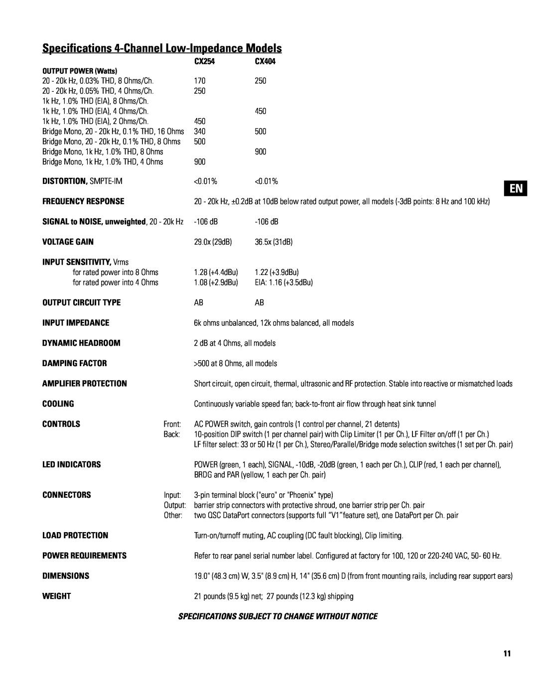 QSC Audio CX302, CX502, CX702, CX902, CX1102, CX254, CX404, CX204V, CX302V, CX602V, CX1202V, 8 ohm capable) user manual 