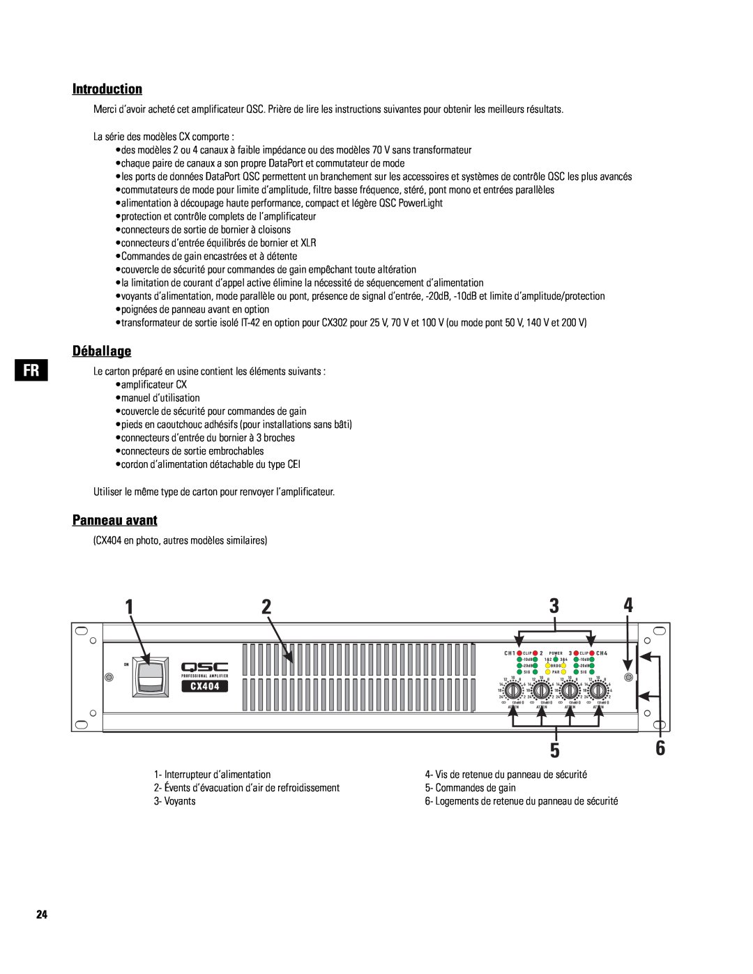QSC Audio 8 ohm capable) user manual Introduction, Déballage, Panneau avant 