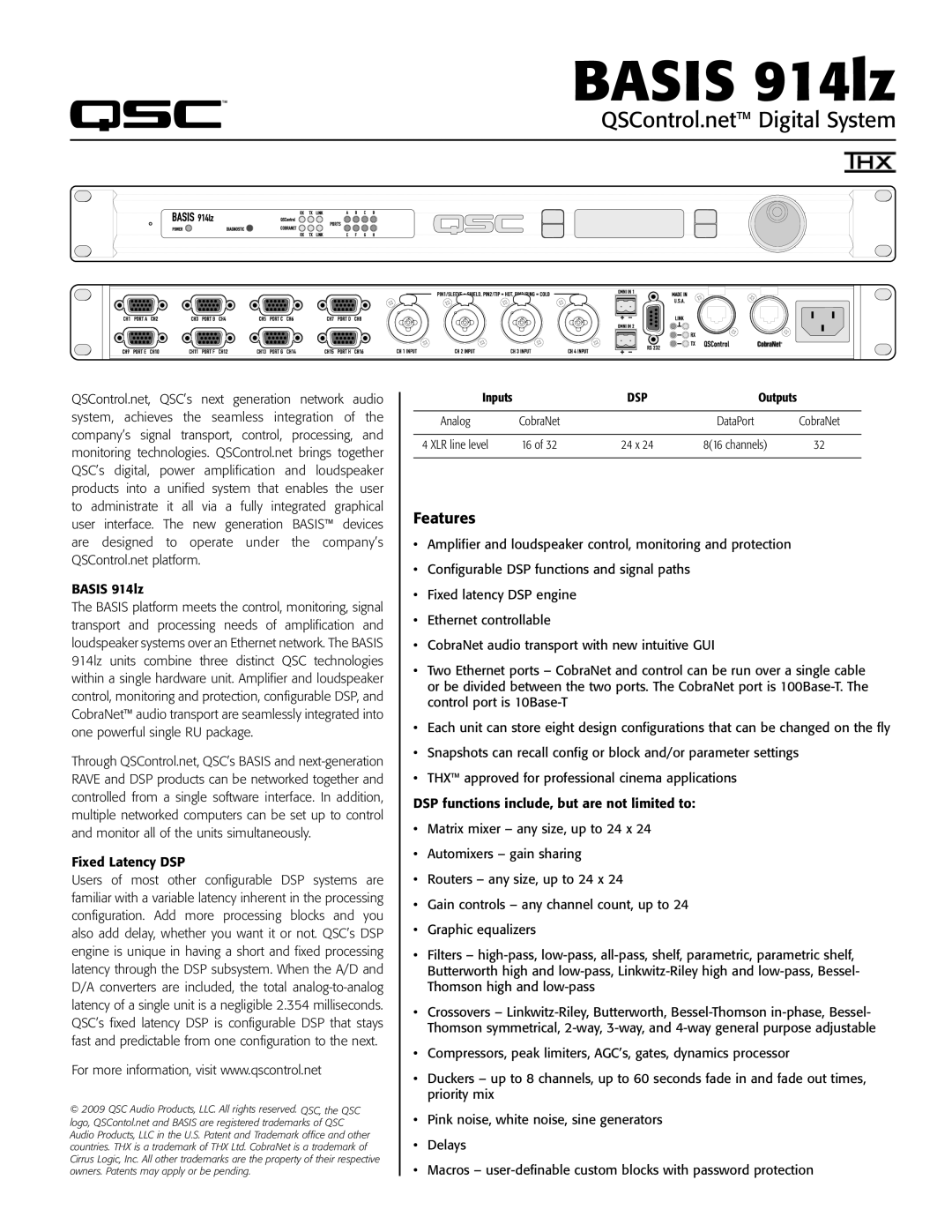 QSC Audio 914LZ manual Basis 914lz, QSControl.net Digital System, Features, Fixed Latency DSP, Inputs 