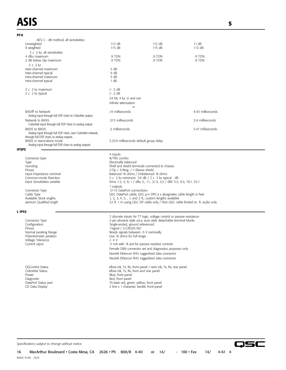 QSC Audio 914LZ manual Basis 914lz, Specifications, Qscaudio.com 