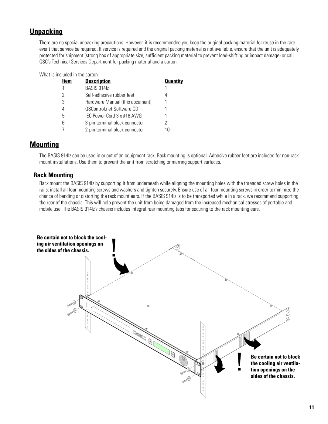 QSC Audio 914LZ manual Unpacking, Rack Mounting, Description 