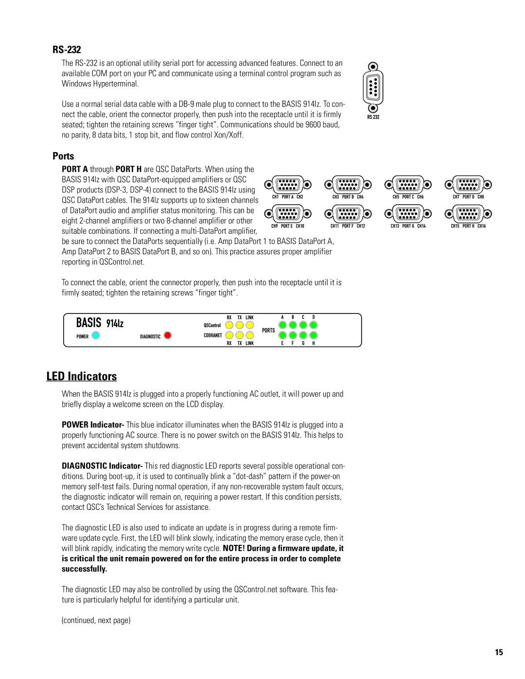 QSC Audio 914LZ manual LED Indicators, RS-232, Ports 