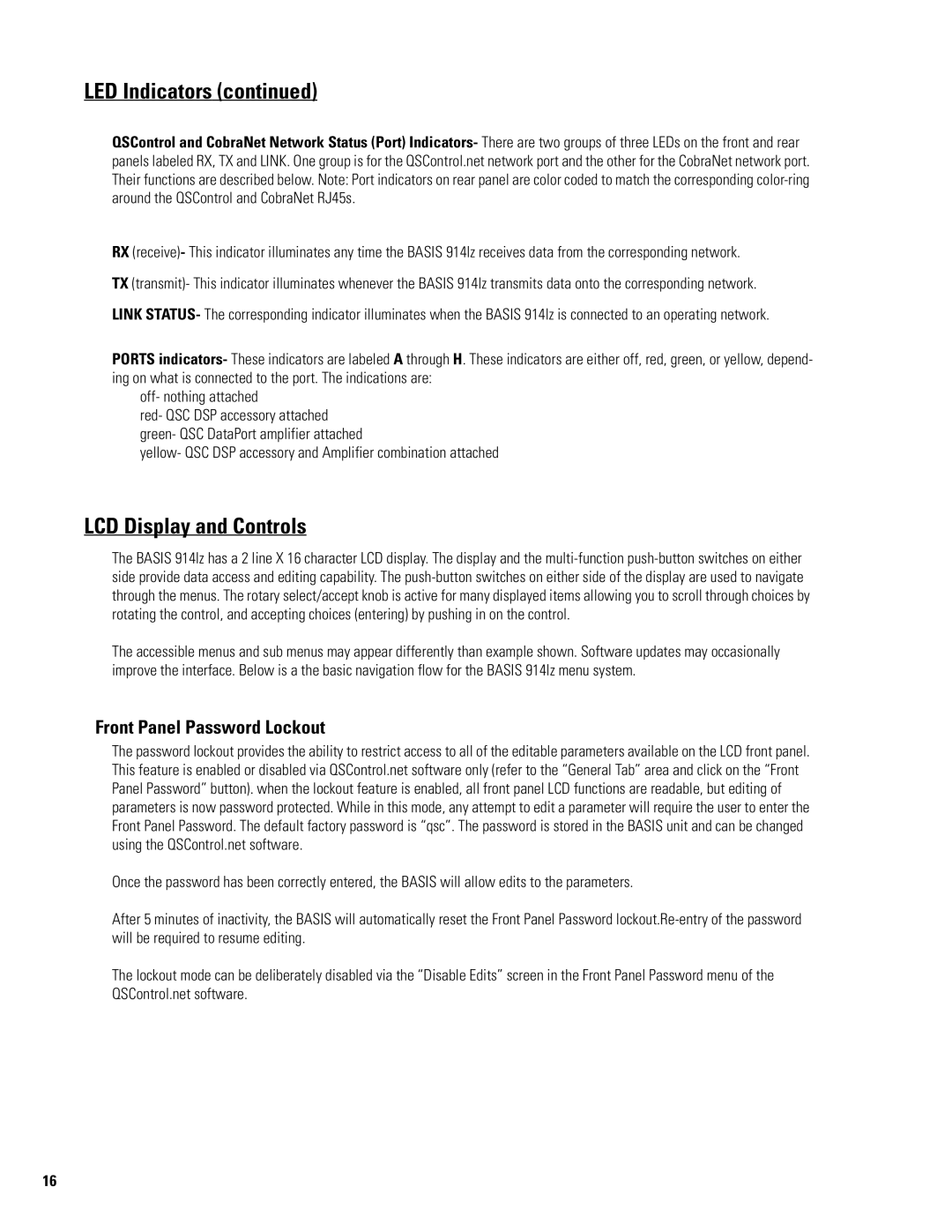 QSC Audio 914LZ manual LCD Display and Controls, Front Panel Password Lockout 