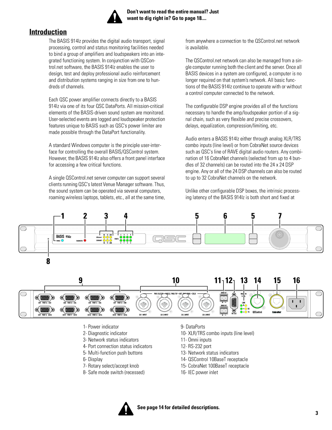 QSC Audio 914LZ manual Introduction, See page 14 for detailed descriptions 