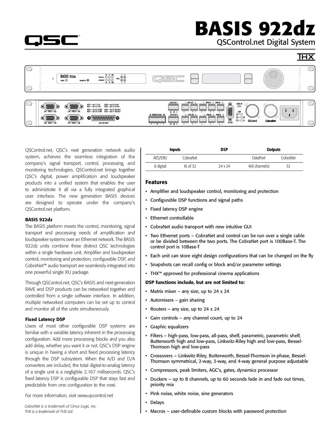 QSC Audio manual Basis 922dz, QSControl.net Digital System, Features, Fixed Latency DSP, Inputs 