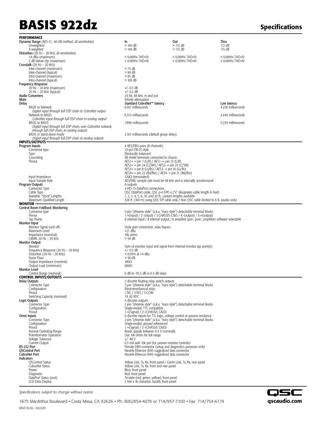 QSC Audio manual Basis 922dz, Specifications, Qscaudio.com 