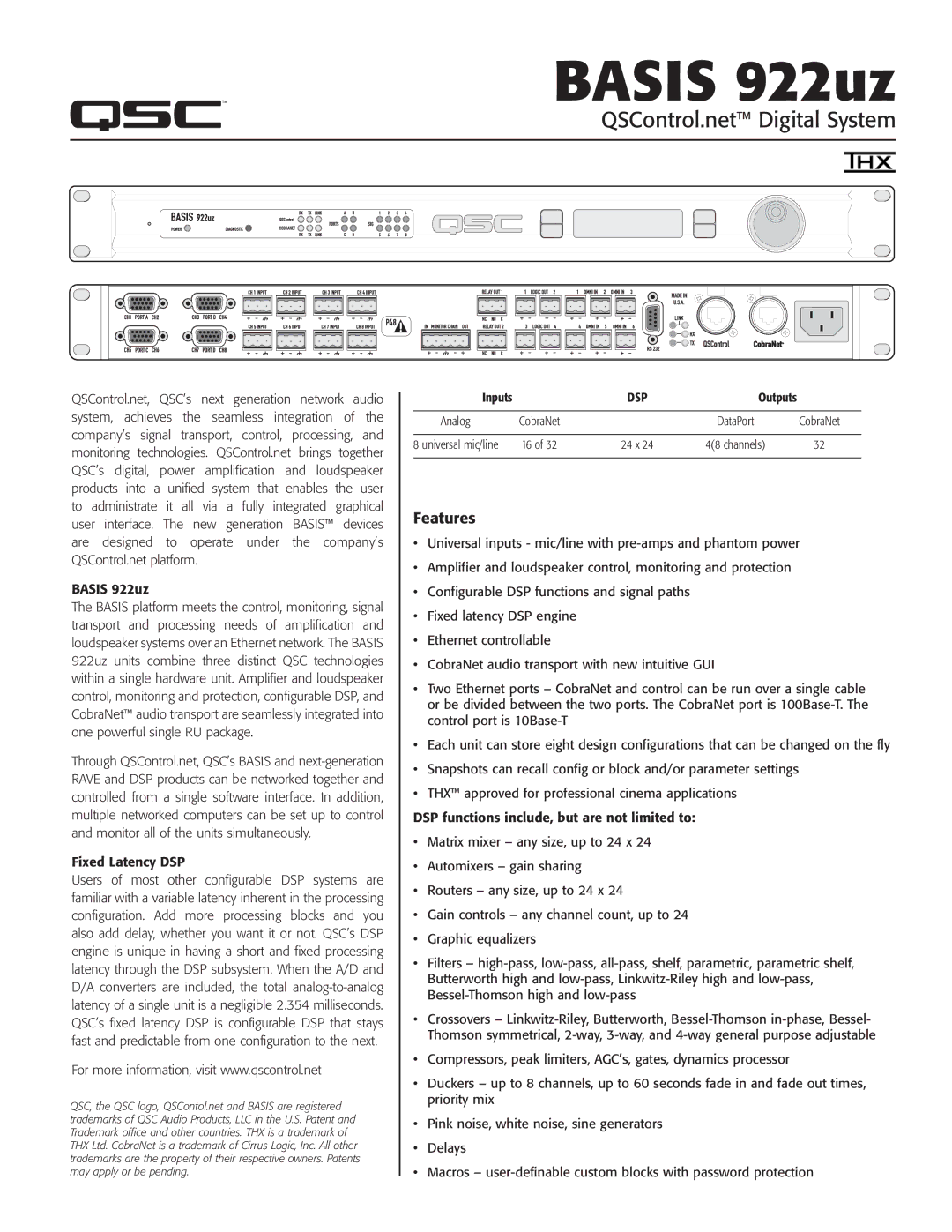 QSC Audio manual Basis 922uz, QSControl.net Digital System, Features, Fixed Latency DSP, Inputs 