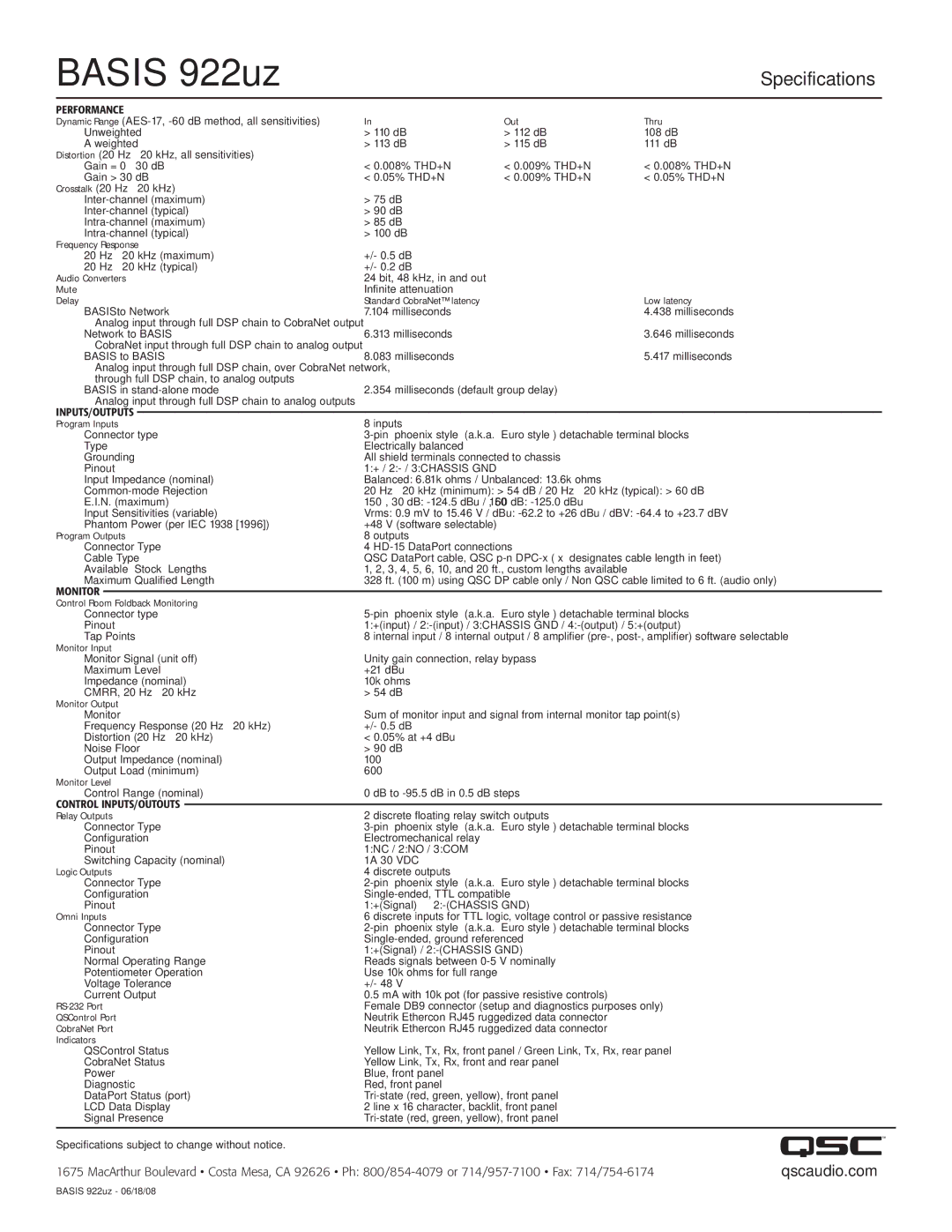 QSC Audio manual Basis 922uz, Specifications, Qscaudio.com 